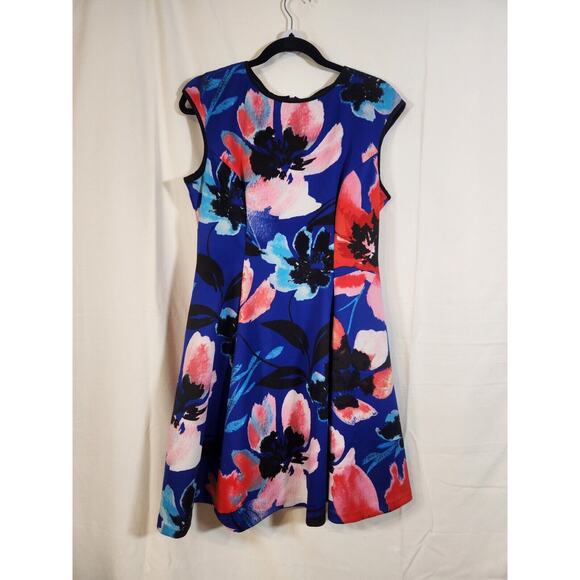 Vince Camuto $128 Size 12 Pink Blue Black Floral Print Scuba Fit & Flare Dress - Picture 1 of 8